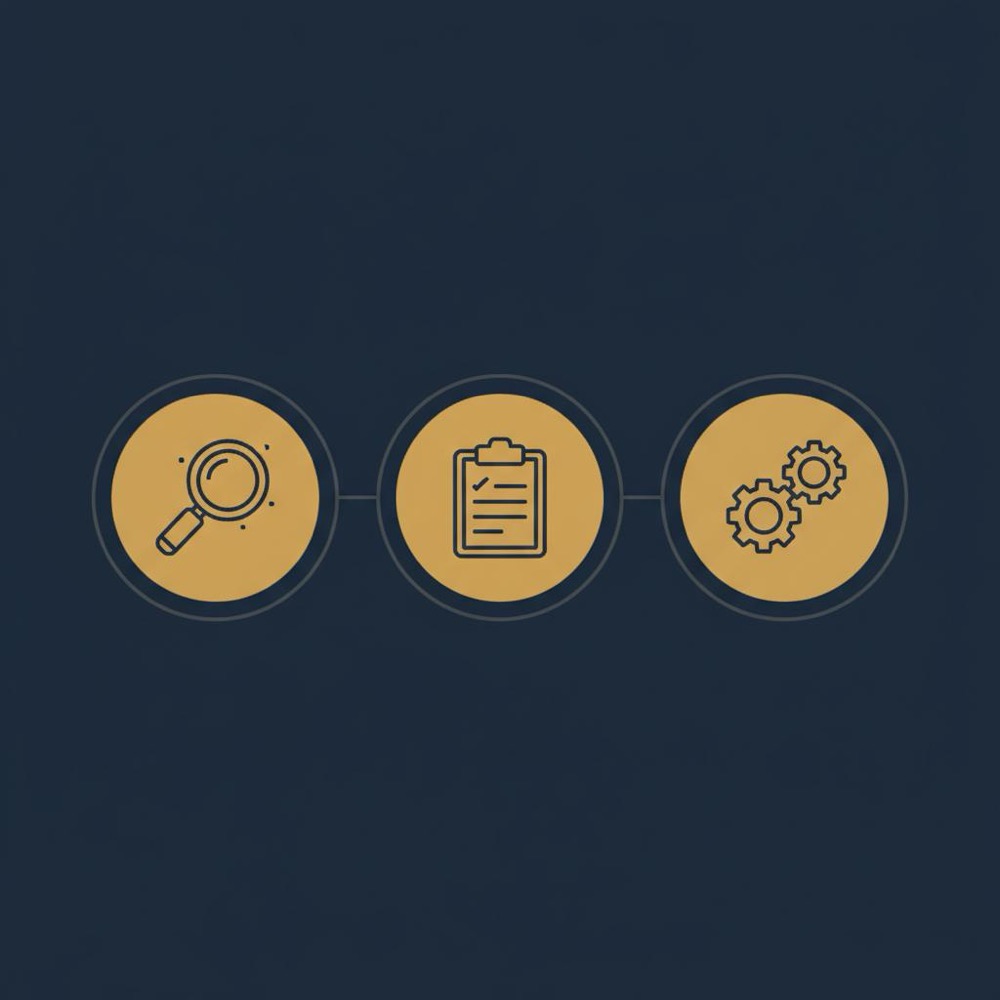 Minimal 2D vector three-step audit checklist infographic with magnifying glass, clipboard, and gears icons on navy background for reliable supplier verification.