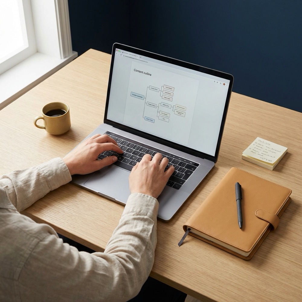 Single operator at laptop with planner and notes on a minimalist navy desk illustrating seo content writing workflow