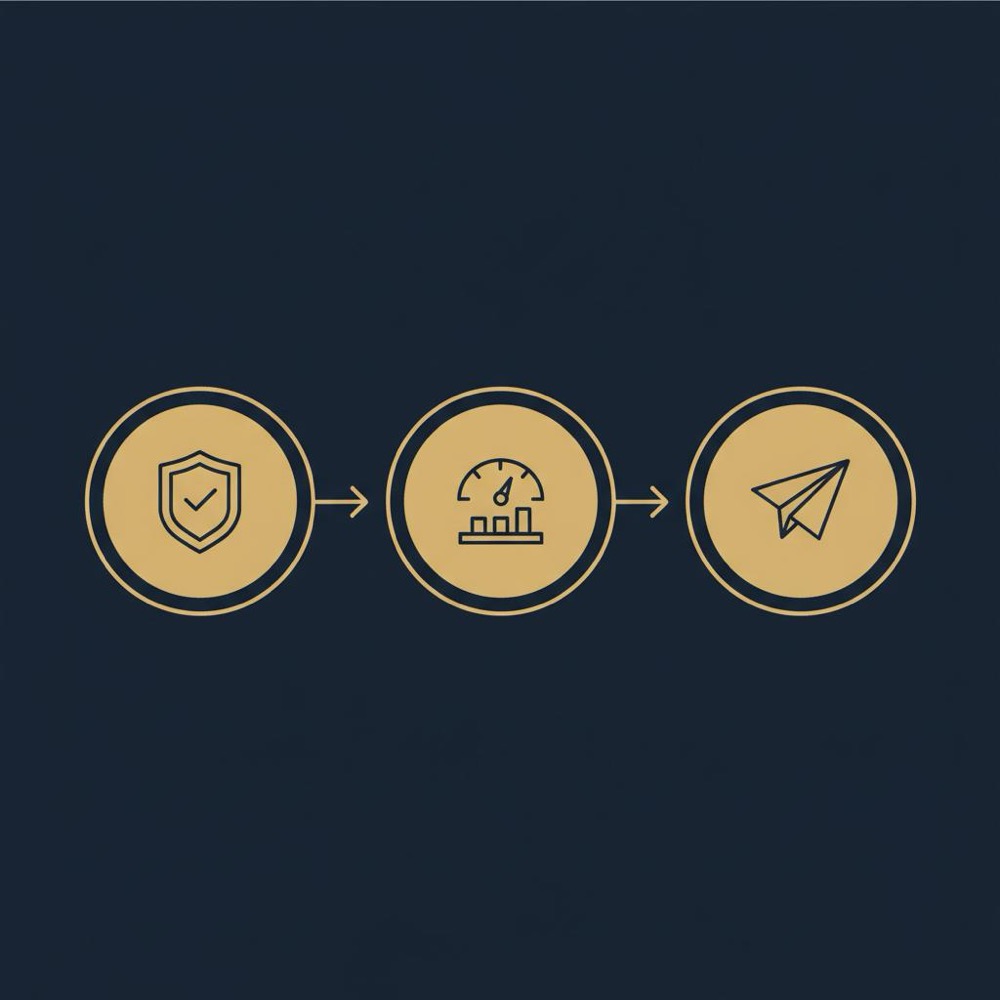 Minimal 2D infographic for best SEO company: three-step pilot process with shield, gauge, and paper-plane icons on #0B1E33 background