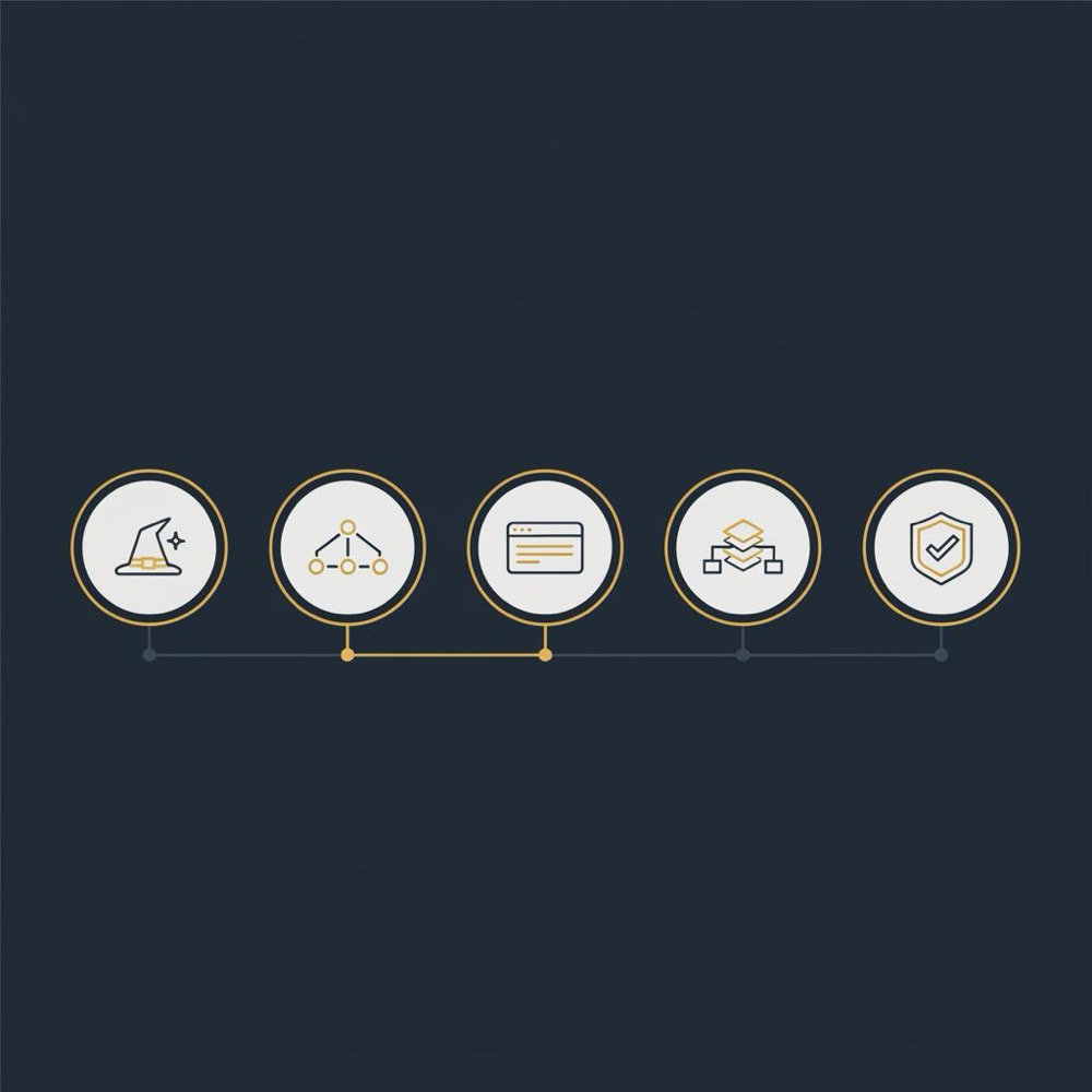Minimal 2D vector infographic with five icons (wizard, sitemap, meta title, schema, validation) in Orvus Ltd brand colors for yoast seo steps.