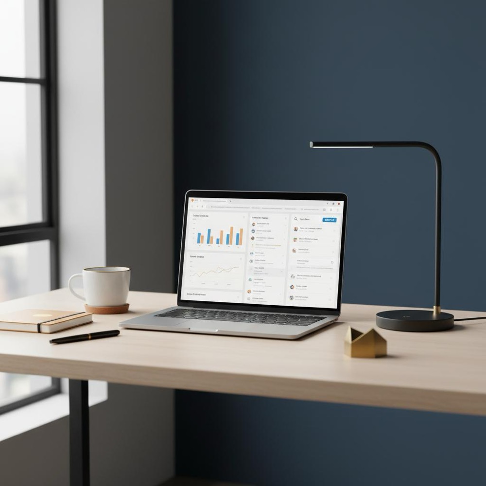 Minimalist home office desk with laptop showing analytics and search results, subtle Orvus brand color accents, calm professional composition for SEO and SEM article.