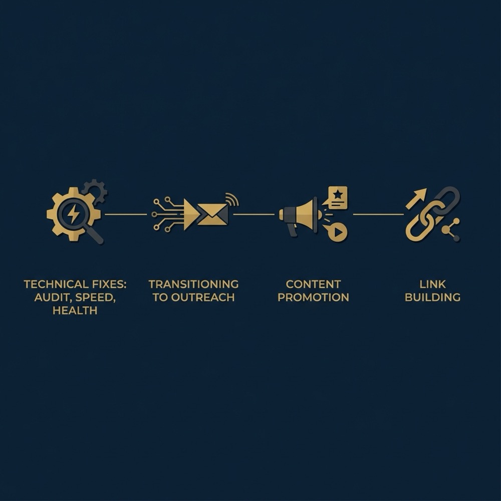 Minimal vector timeline infographic showing progression from technical fixes to outreach and link building for off page seo in Orvus Ltd brand colors