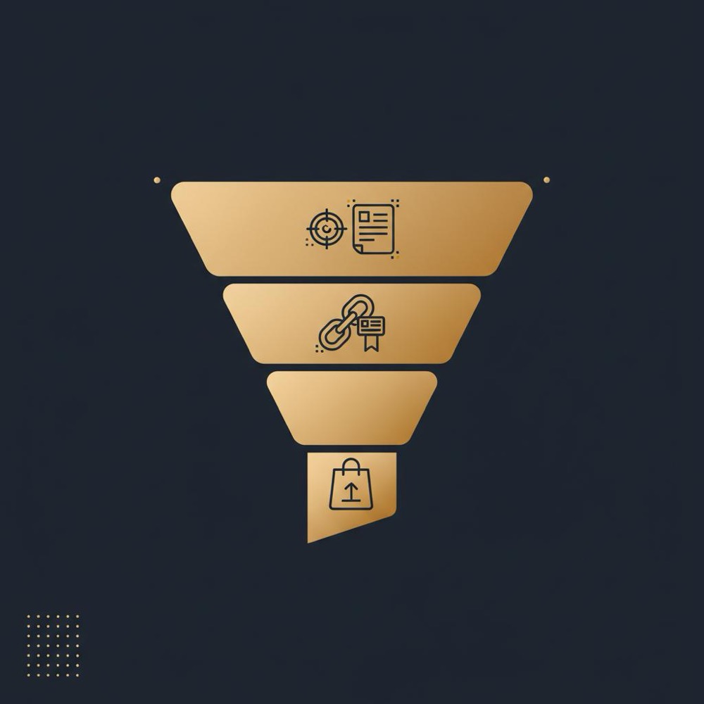 Minimal 2D vector funnel infographic showing intent-matching content at top, editorial backlinks in the middle, and conversions at the bottom - visual guide to the most effective SEO tactic