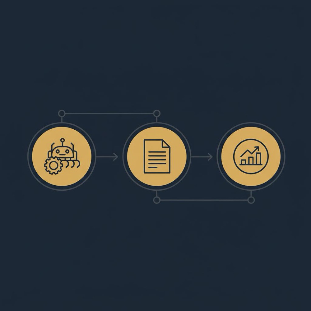 Minimal 2D vector infographic showing crawling indexing and ranking flow with three icons and arrows in Orvus Ltd brand colors serp google