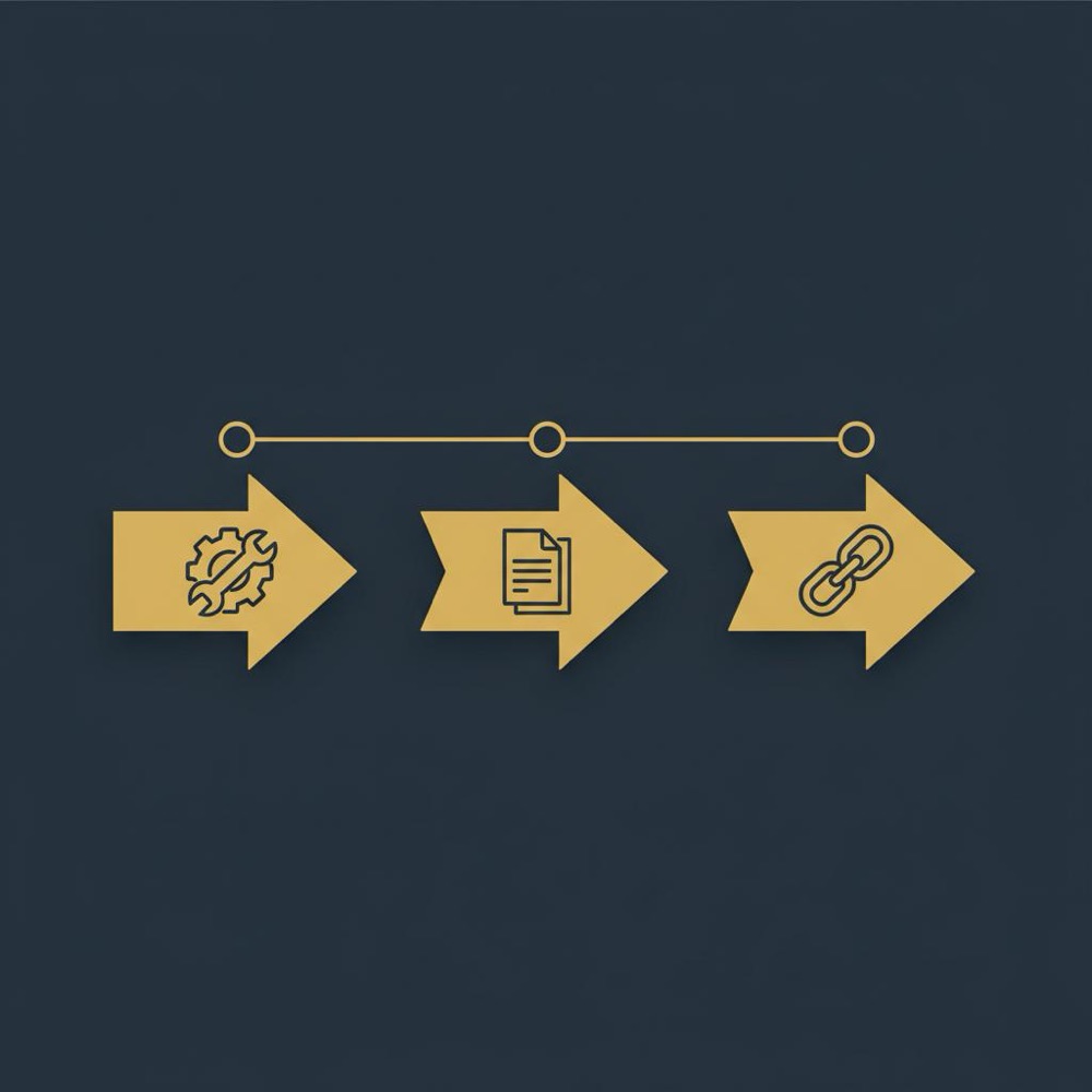 Minimal 2D vector infographic with three progressive arrows and icons for technical fixes, content, and backlinks on a #0B1E33 background, visualizing how long to rank on Google