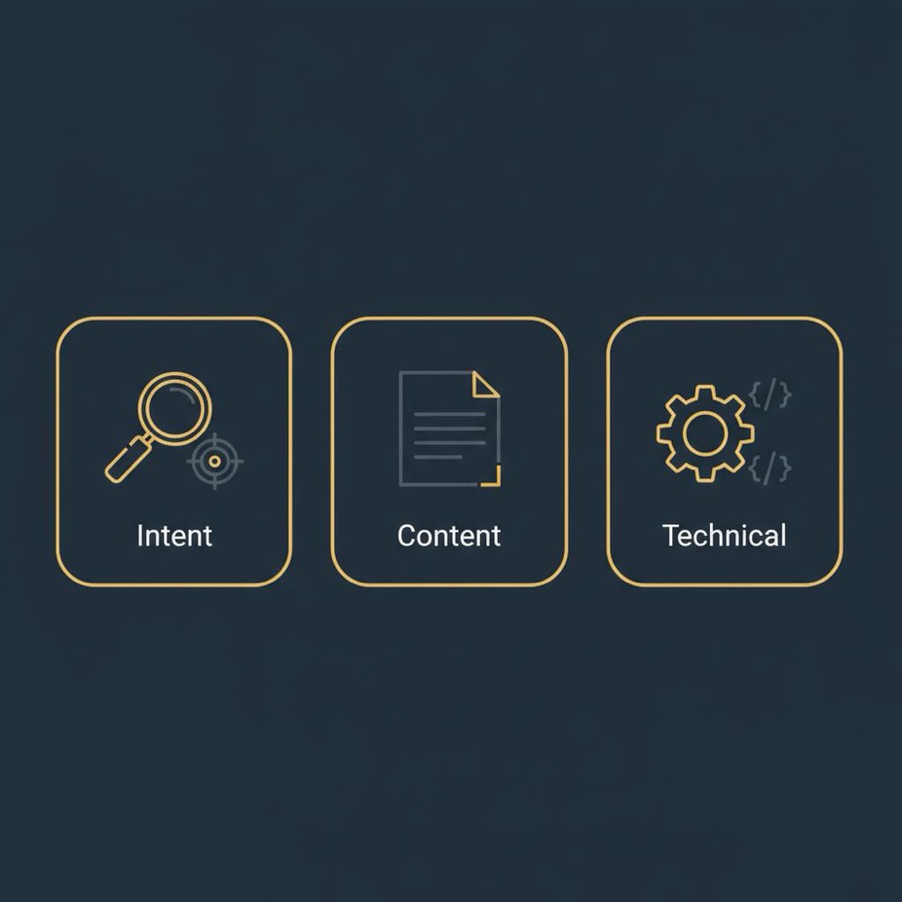 Minimal 2D vector infographic with three icon-based boxes for intent, content, and technical SEO on dark blue background for organic search.