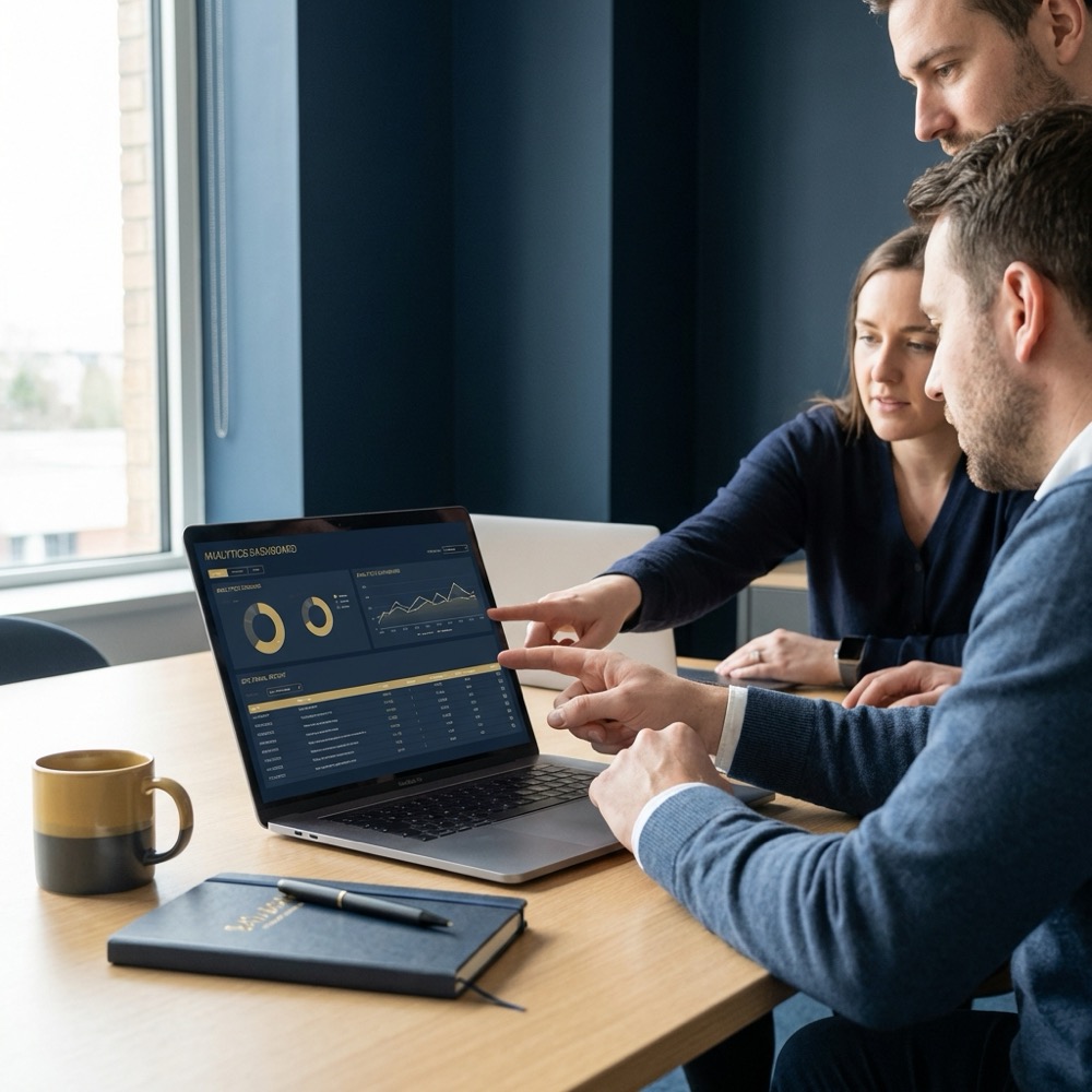 Small team reviewing analytics and a site crawl report on a laptop in a minimalist navy office highlighting seo services