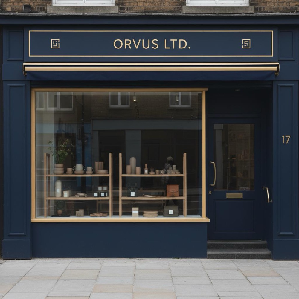 Small clean storefront with deep navy facade and warm gold sign accents, visible street number and welcoming window display, optimized for google my business ranking