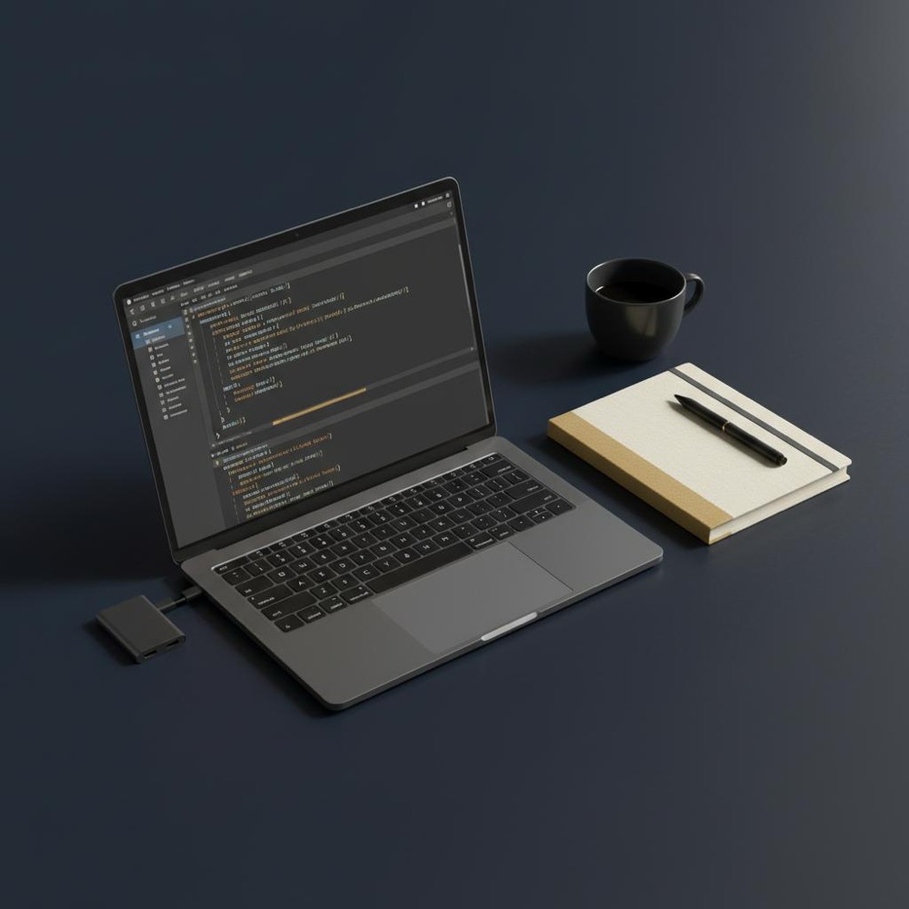 DataForSEO developer workstation: laptop showing JSON code, notebook and coffee cup with subtle #C8A45D accent on deep navy background