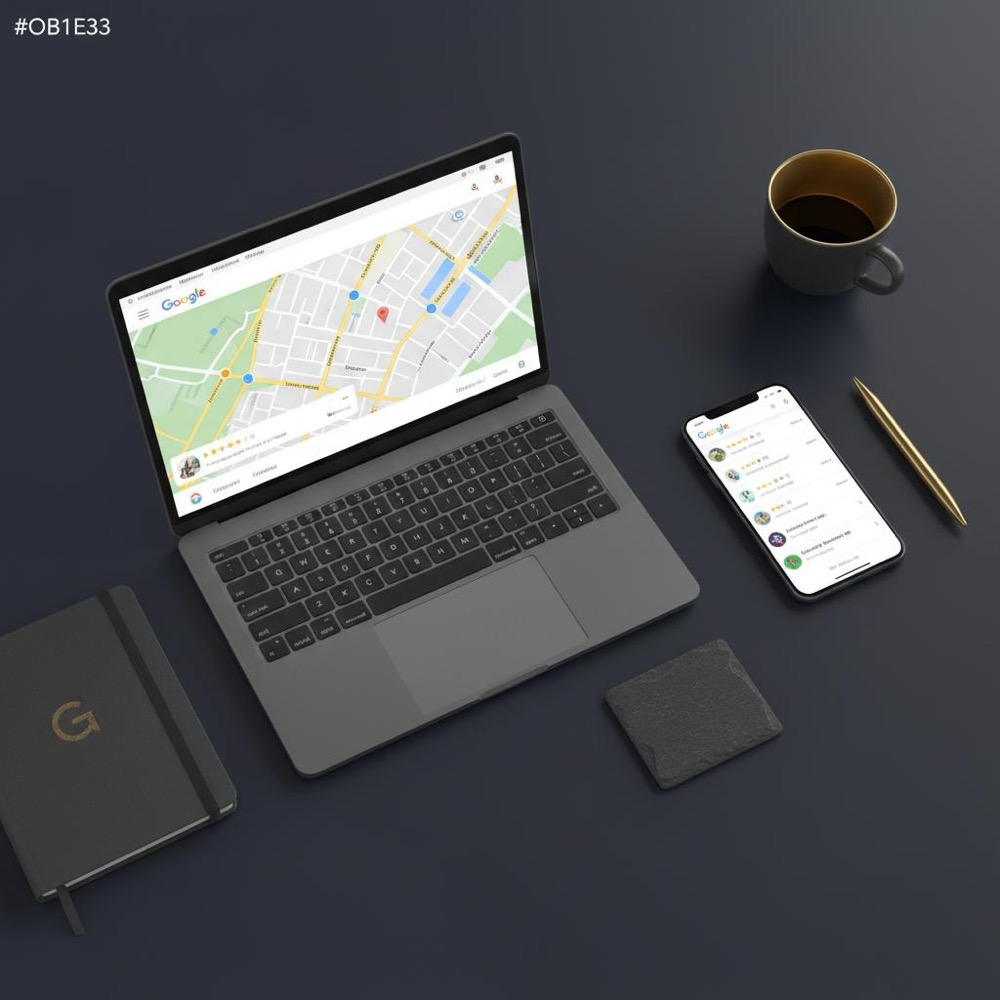 Top-down photo of laptop and smartphone on a dark navy desk showing Google Maps review screens in a minimalist layout with gold and dark gray accents, delete a Google review