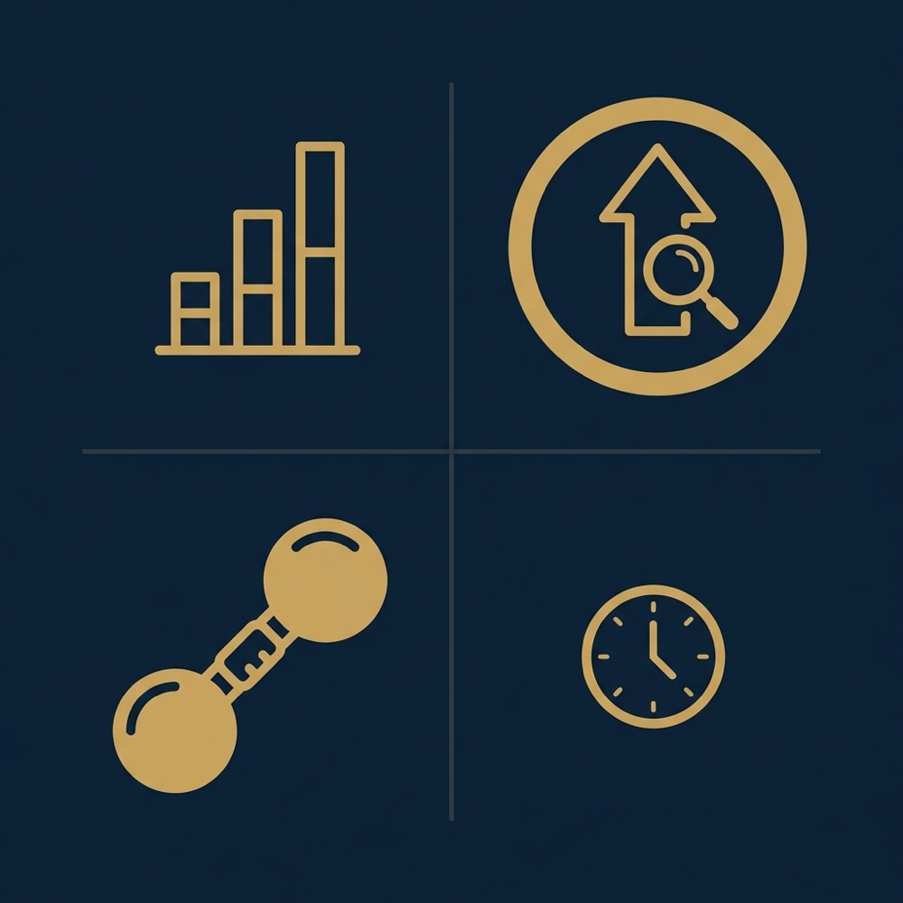 Minimal 2D vector opportunity versus effort matrix for keyword prioritisation with simple icons indicating high opportunity low effort and low opportunity high effort seo keywords