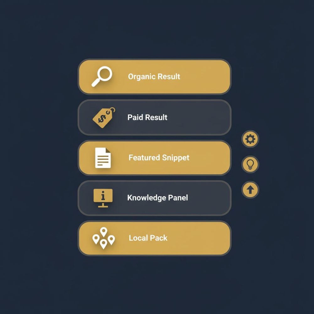 Minimal 2D vector infographic of a layered serp google layout with feature icons and a compact checklist in Orvus Ltd brand colors