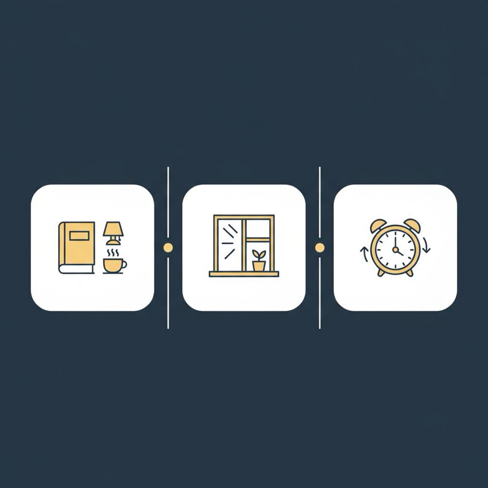 Minimal vector infographic with three icons for wind-down ritual, morning light, and consistent wake time to help sleep better, in Orvus Ltd brand colors.