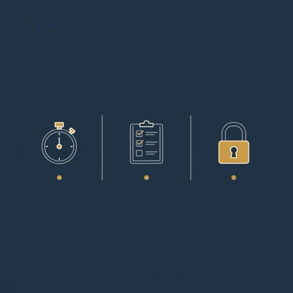 Minimal 2D vector infographic showing stopwatch, checklist, and lock icons on a navy background with gold accents illustrating steps to manipulate pagerank