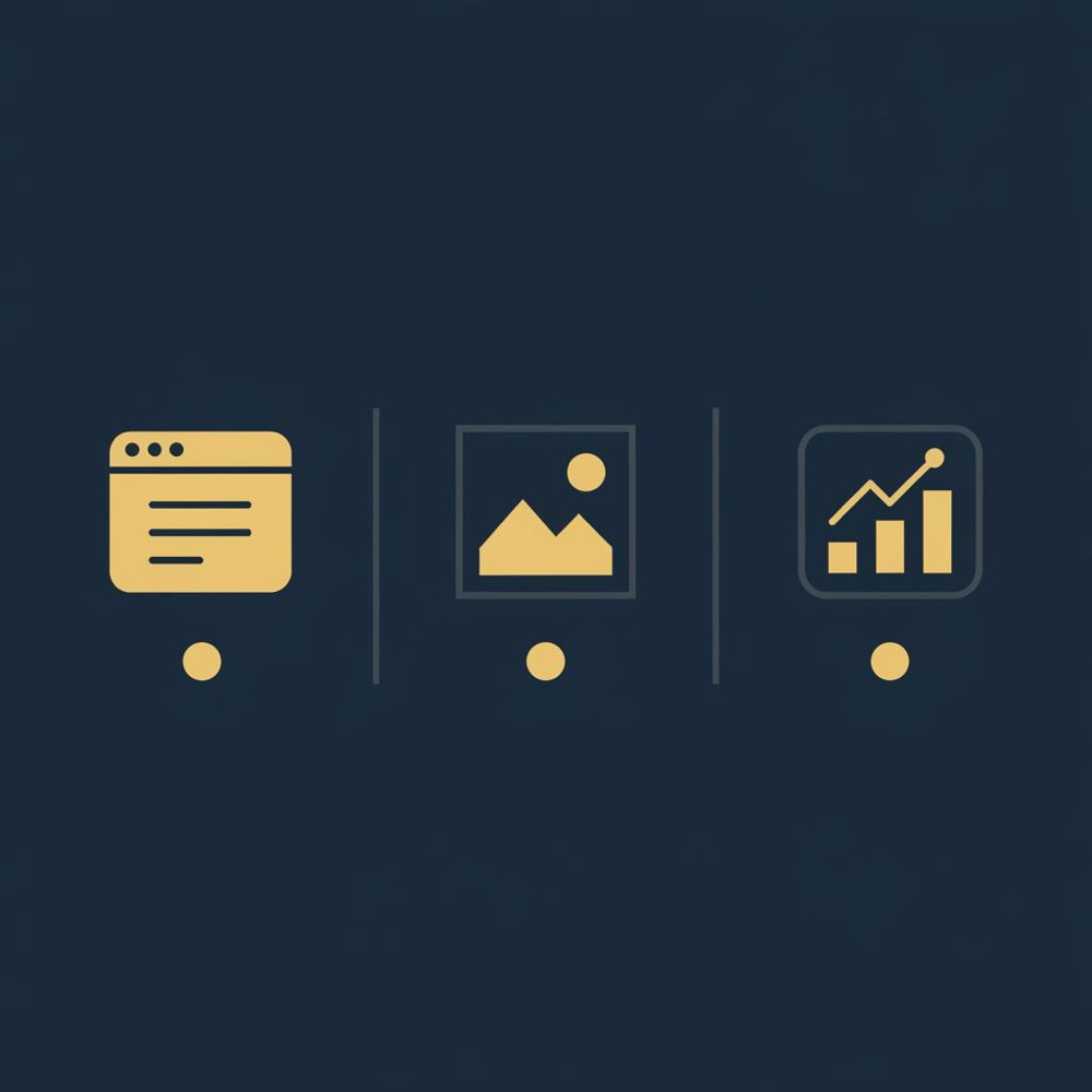 Minimal 2D vector infographic with three horizontal icons (browser/site, photo frame, analytics chart) on deep navy background, SEO-focused gold (#C8A45D) and gray accents.