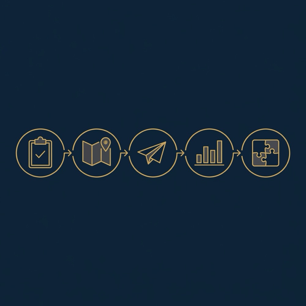 Minimal 2D vector decision flow infographic five icons define task map constraints pilot measure integrate connected by arrows on navy background for search engine ranking