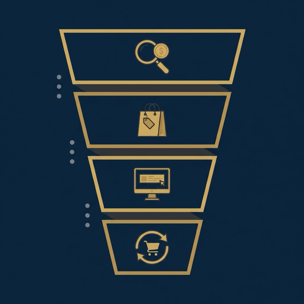 Minimal 2D vector infographic vertical funnel with icons for paid search shopping display remarketing in Orvus Ltd colors for search engine marketing analysis