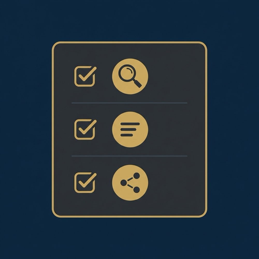 Minimal vector checklist infographic for article writing showing three icon rows representing clarity concision and consistency on deep blue background