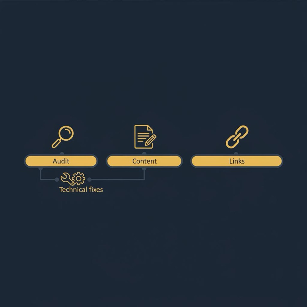 Minimal 2D vector timeline infographic showing phases 0-3 months, 3-12 months, 12+ months with icons for audit, technical fixes, content and links in Orvus brand colors, illustrating SEO cost progression.