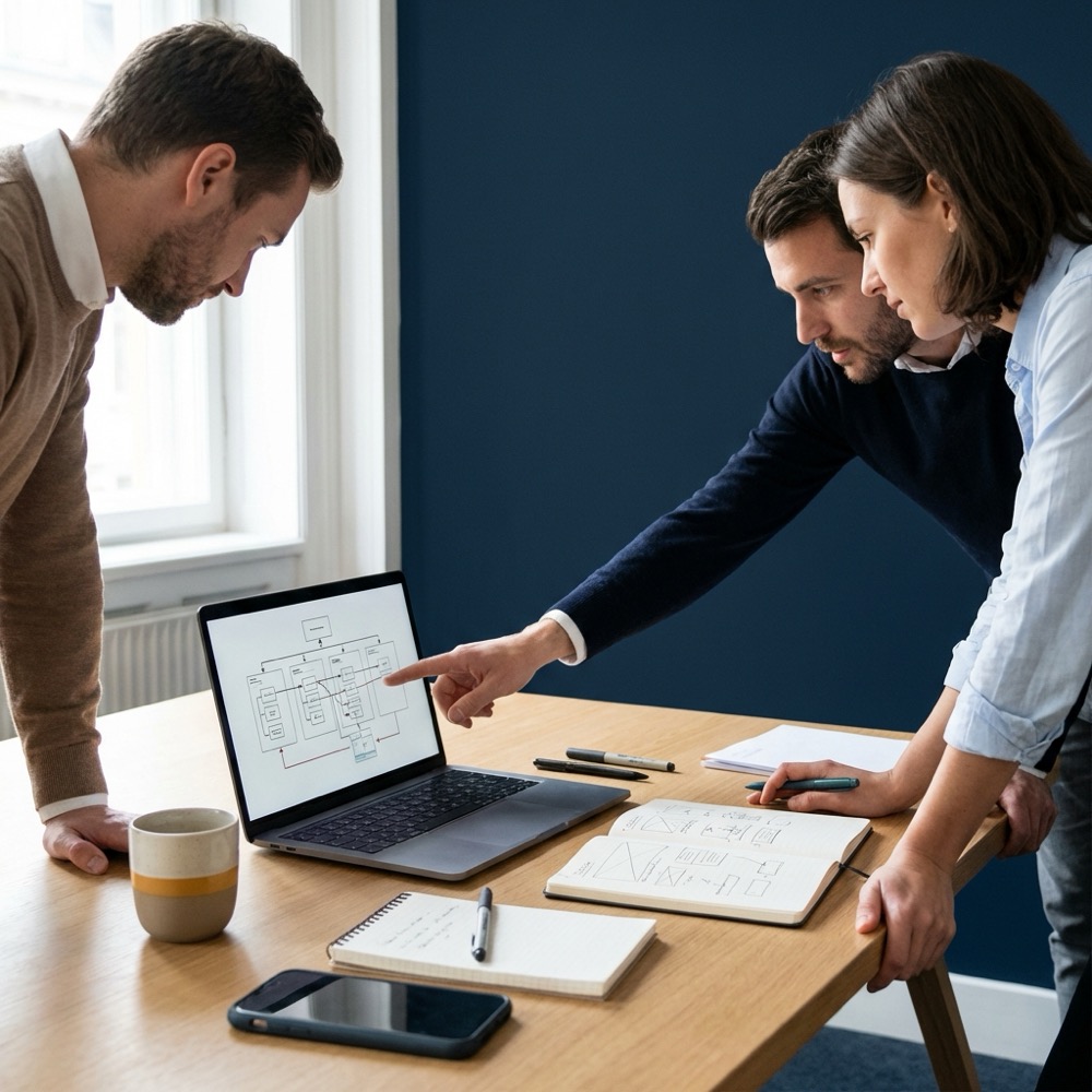 Small team reviewing a site architecture diagram on a laptop at a minimalist desk with notes and coffee in brand colors cms seo