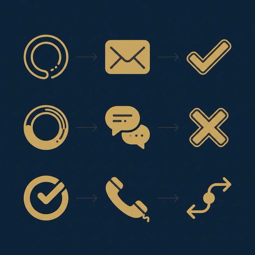 Minimal three column vector infographic showing diagnostic icons channel choice icons and decision rule icons on deep navy background with gold accents google seo keywords