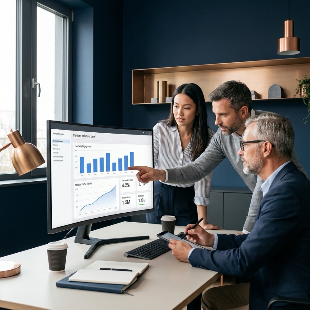 Small team collaborating around a screen showing content briefs and analytics in a minimalist Orvus Ltd office with brand colors content marketing seo