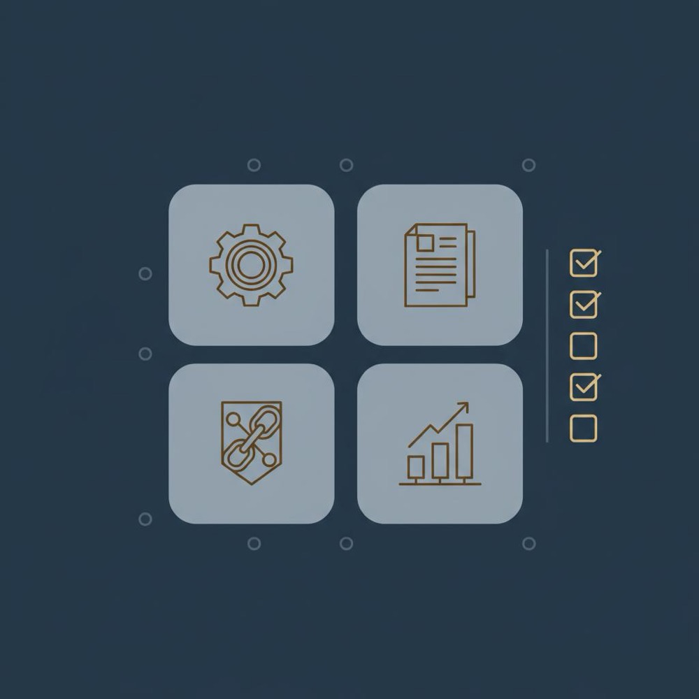 Minimal 2D vector infographic showing four SEO pillars and a checklist illustrating how do I become an SEO specialist?