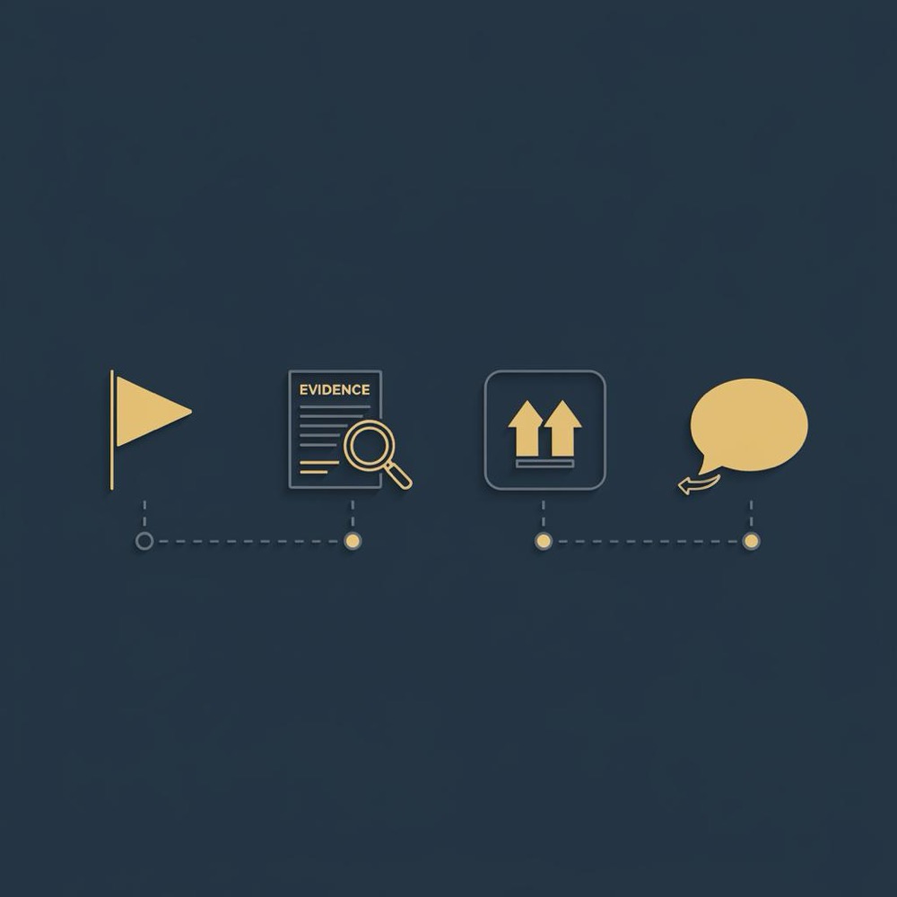 Minimal 2D vector infographic on dark-blue background: left-to-right icons (flag, magnifier, up-arrow, reply) illustrating how to remove Google reviews.