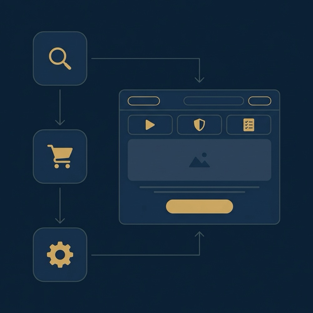 Minimal 2D vector infographic showing user intent mapping to landing page alignment with icons and arrows in Orvus Ltd brand colors seo advertising