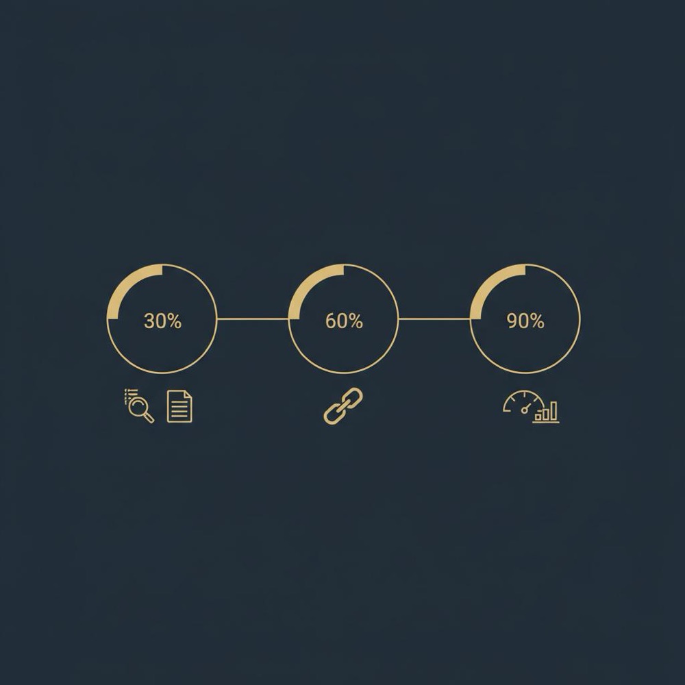 Minimal 2D vector 30/60/90 timeline infographic with icons for audits, content, links and measurement, designed for SEO strategy, dark background and gold accents.