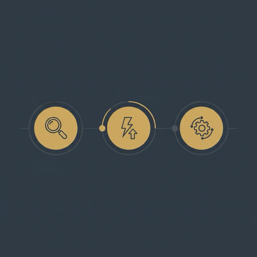 Minimal 2D vector performance timeline infographic showing diagnostic → quick wins → automation with three icons in Orvus Ltd. brand colors, web optimized for articles.