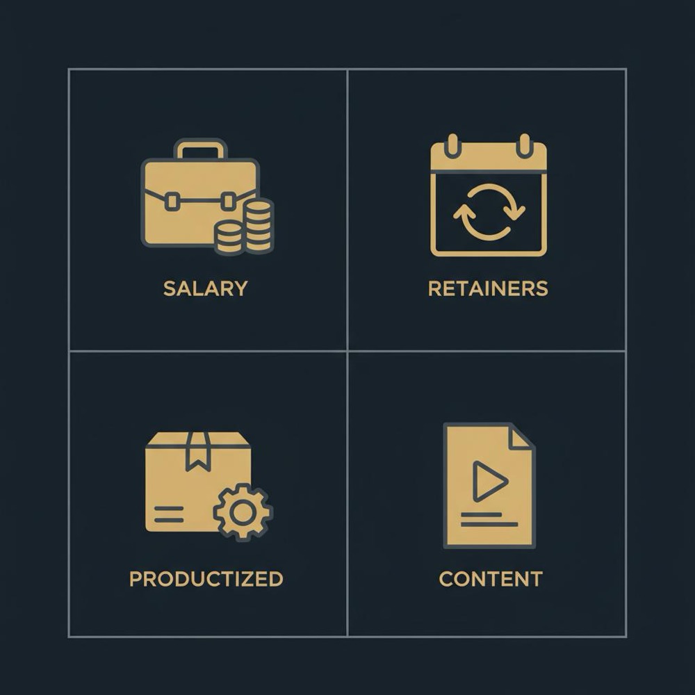 Minimal vector infographic tile showing four quadrants with icons for salary, retainers, productized services, and content - how do seos make money