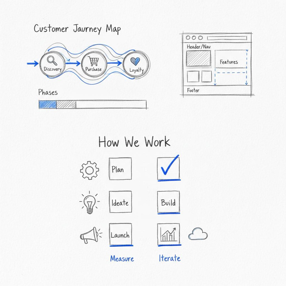 Close-up notebook page with charcoal flow diagrams (customer journey, site wireframe, checklist) with blue accents #1a5bfb on white background - What are the big 4 marketing agencies?