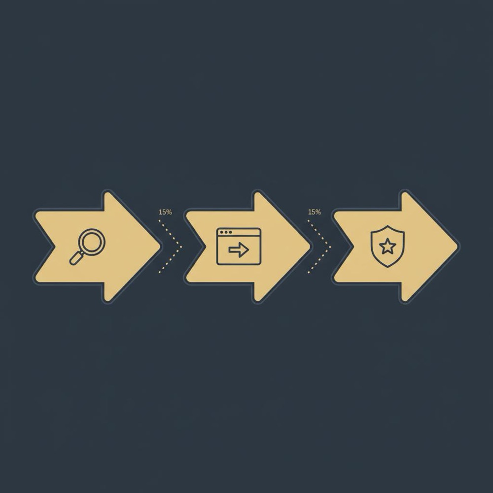 Minimal 2D vector infographic timeline showing three arrows with icons for discovery, referral traffic, and authority in Orvus Ltd. palette for link building