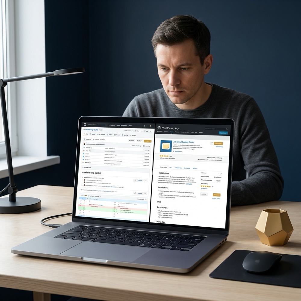 Developer reviewing a github repository and a wordpress plugin page on a laptop at a tidy desk in Orvus Ltd brand colors focused on magento seo workflow