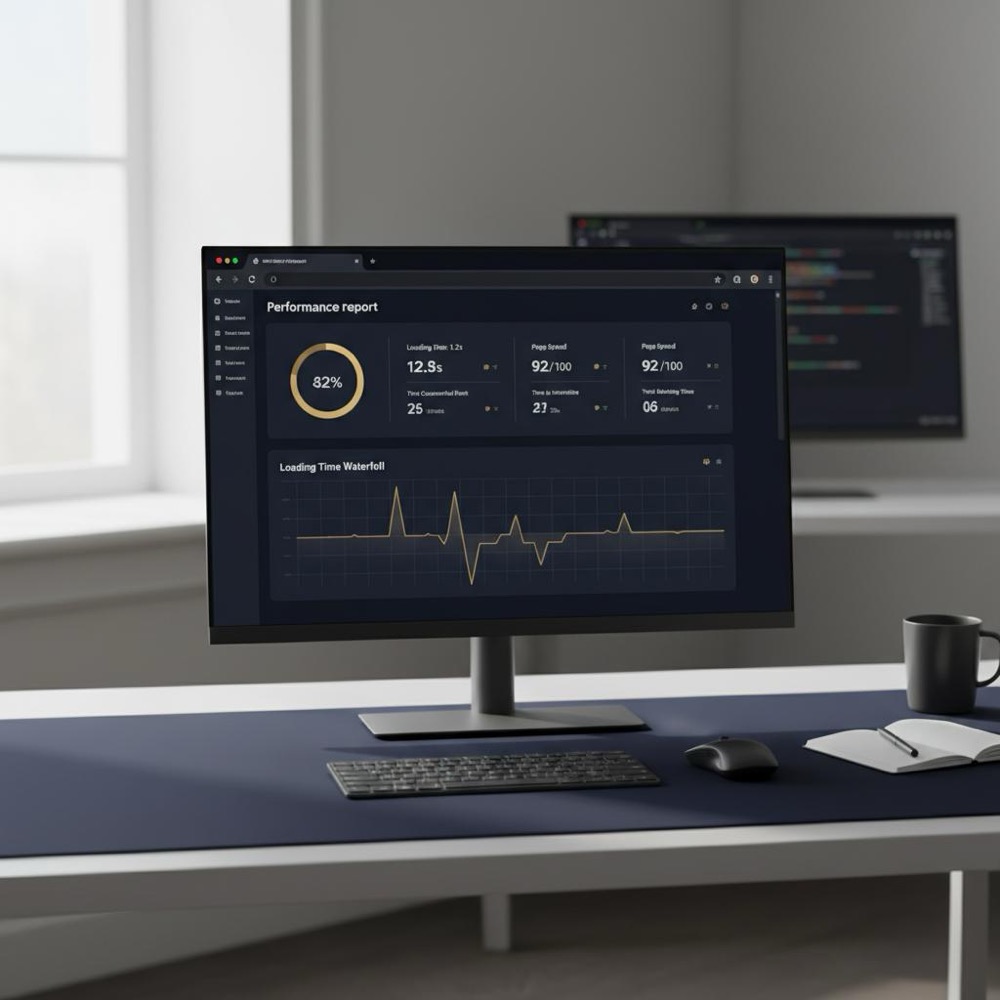Minimalist workstation showing a browser performance report and blurred code editor against a deep navy background with gold accents for web optimization dashboard.