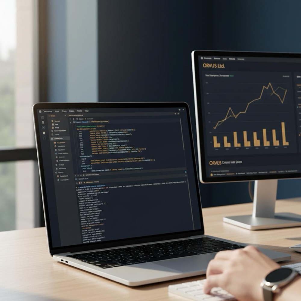 Close-up minimalist developer workspace with laptop showing JSON, terminal and charts in Orvus Ltd colors, natural light, no faces - DataForSEO
