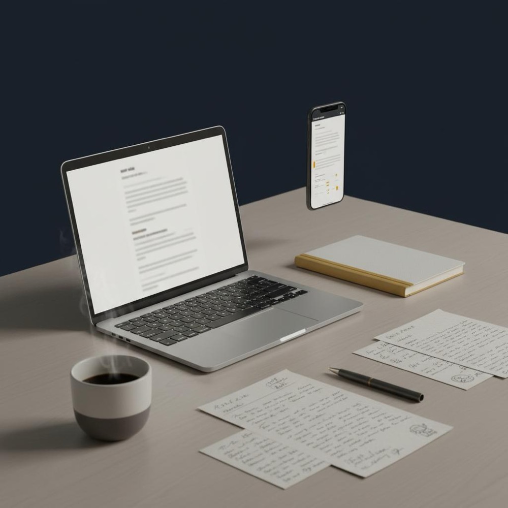 Minimalist desk with laptop, notebook edge in #C8A45D, coffee cup and phone showing a draft, how to write an article workspace on dark #0B1E33 background.