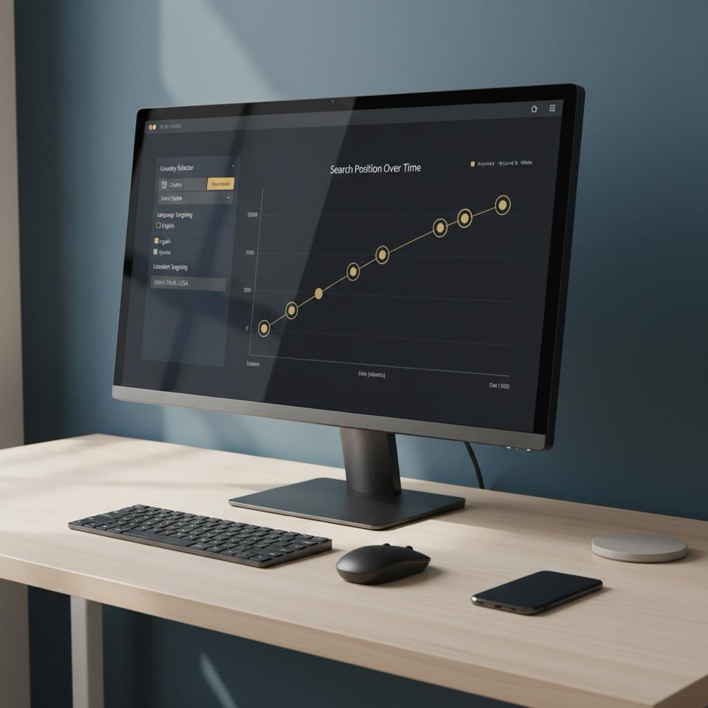 Minimalist desktop with monitor showing search position graph and localized browser settings, accented in Orvus brand colors, designed to check website ranking