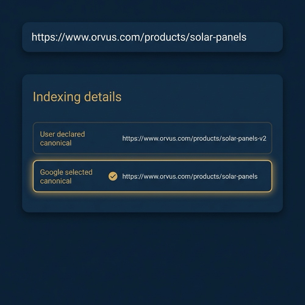 Search Console URL Inspection screenshot highlighting user declared versus Google selected canonical URLs on a minimalist navy interface emphasizing canonicalization seo