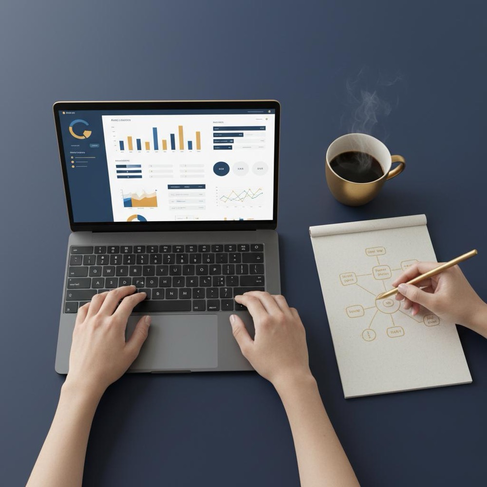 Minimalist workspace with laptop showing analytics dashboard, notepad usage-map sketch, coffee cup and cropped hands on navy background - does ahrefs have hidden fees
