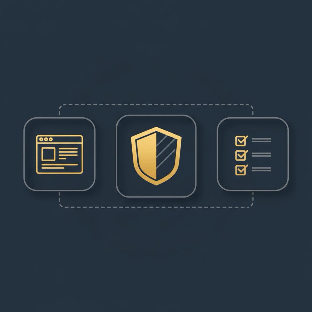 Minimal vector infographic with a browser screenshot icon, protective shield, and checklist in brand colors illustrating fake Google review removed