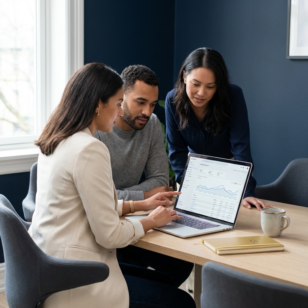 Small marketing team reviewing website analytics on a laptop in a minimalist office with Orvus Ltd brand colors emphasizing basic search engine optimization
