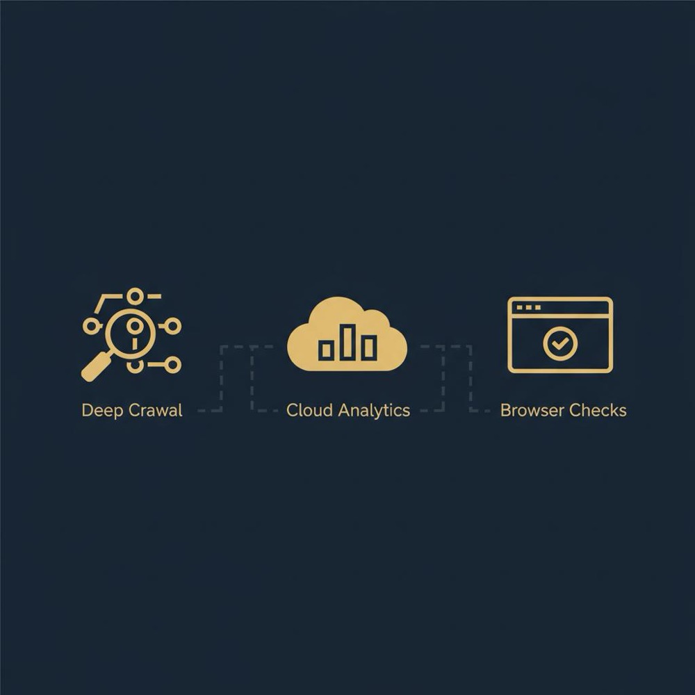 Minimal 2D vector infographic showing three icons for deep crawl, cloud analytics, and browser checks for best SEO checker, dark navy background and gold accents