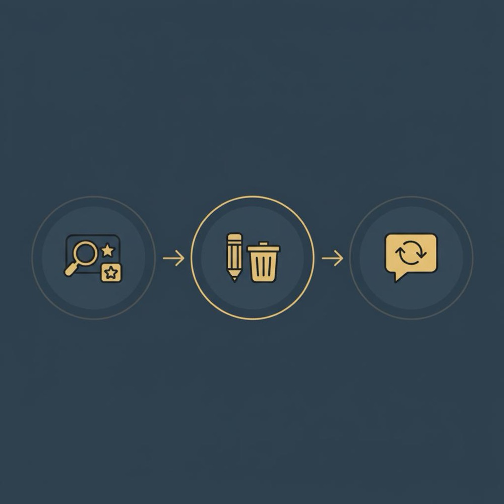 Minimal vector infographic with three icons (magnifier → edit &amp; trash → envelope) in Orvus Ltd. palette, visually illustrating steps to delete a Google review.