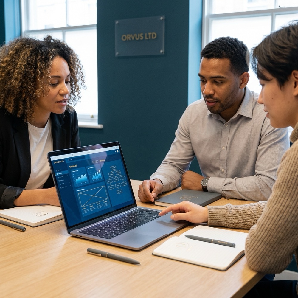Small team reviewing website dashboard and sitemap on a laptop in a minimalist modern office with deep navy and gold accents to increase seo
