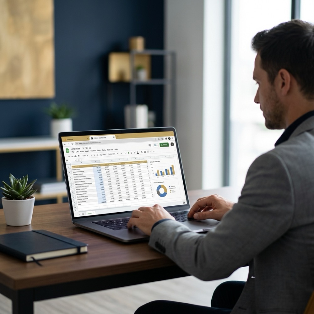 Marketer reviewing spreadsheet and browser analytics and affiliate dashboards on laptop in clean office using Orvus Ltd color palette seo blogging