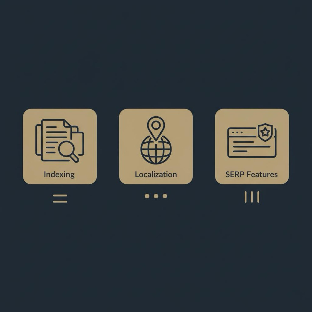 Minimal 2D vector infographic with three icons for indexing, localization and SERP features on a dark #0B1E33 background, illustrating DuckDuckGo limitations in a clean layout
