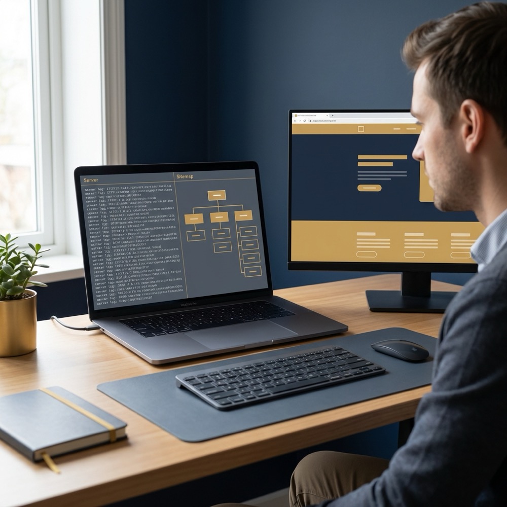 Developer reviewing server logs and sitemap on a laptop with a second monitor showing a rendered webpage crawling seo