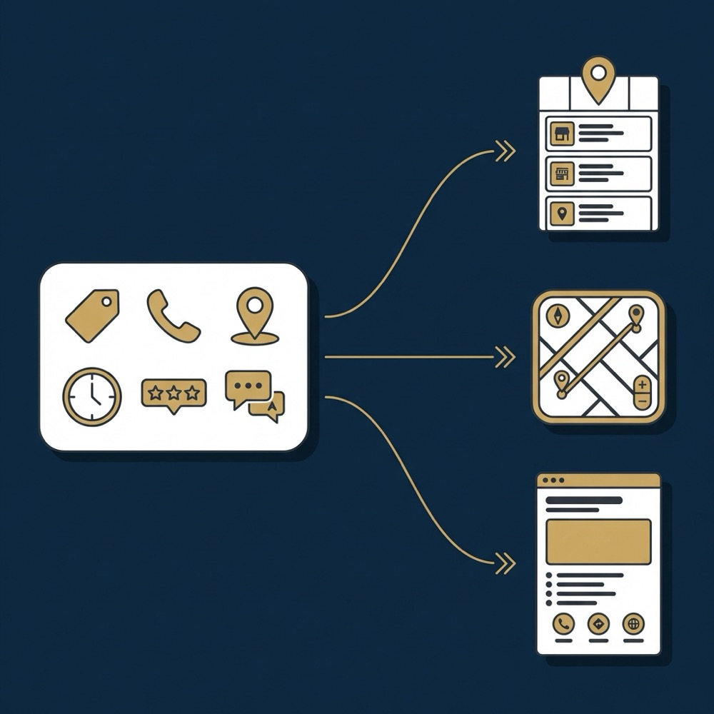 Minimal 2D vector infographic showing business profile fields flowing to local pack maps and knowledge panel with category and review icons seo google my business